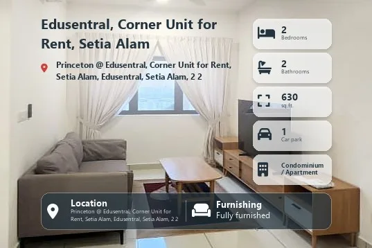 2R2B Condo @ Princeton @ Edusentral, Corner Unit for Rent, Setia Alam